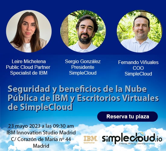 ☁️ Mañana 23 de mayo, podrás conocer los beneficios de la nube pública de <a href="/IBMcloud/">IBM Hybrid Cloud & Infrastructure</a> y la solución de VDIs virtuales de <a href="/SimpleCloudio/">SimpleCloud</a>. Te invitamos al seminario gratuito a las 09:30h en el IBM Innovation Studio Madrid. Apresúrate y reserva tu plaza 👉 hubs.la/Q01QDf2c0