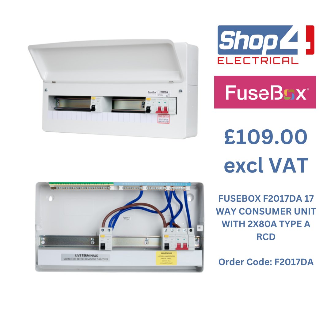 £109.00 excl VAT - The FuseBox F2017DA is a 17 Way Consumer Unit With 2x80A Type A RCD. Populate Your Consumer Unit with Your Choice of Fusebox MCB's &amp; RCBO's 

👉 ow.ly/lnFk50Oq47Q..

Order via our website or ☎️ 0330 555 0160 #consumerunit #fusebox #Shop4 <a href="/CPFuseBox/">FuseBox</a>