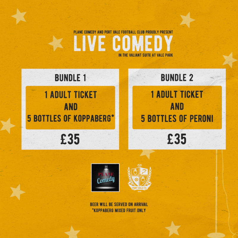 OfficialPVFC's tweet photo. Alex Boardman, Bethany Black Sam Serrano and Colin Manford all take to the stage when live comedy returns to the Valiant Suite on Thursday 27th July! 🤩

Click below for more information and to book your tickets 👇 

#PVFC | @PlaneComedy