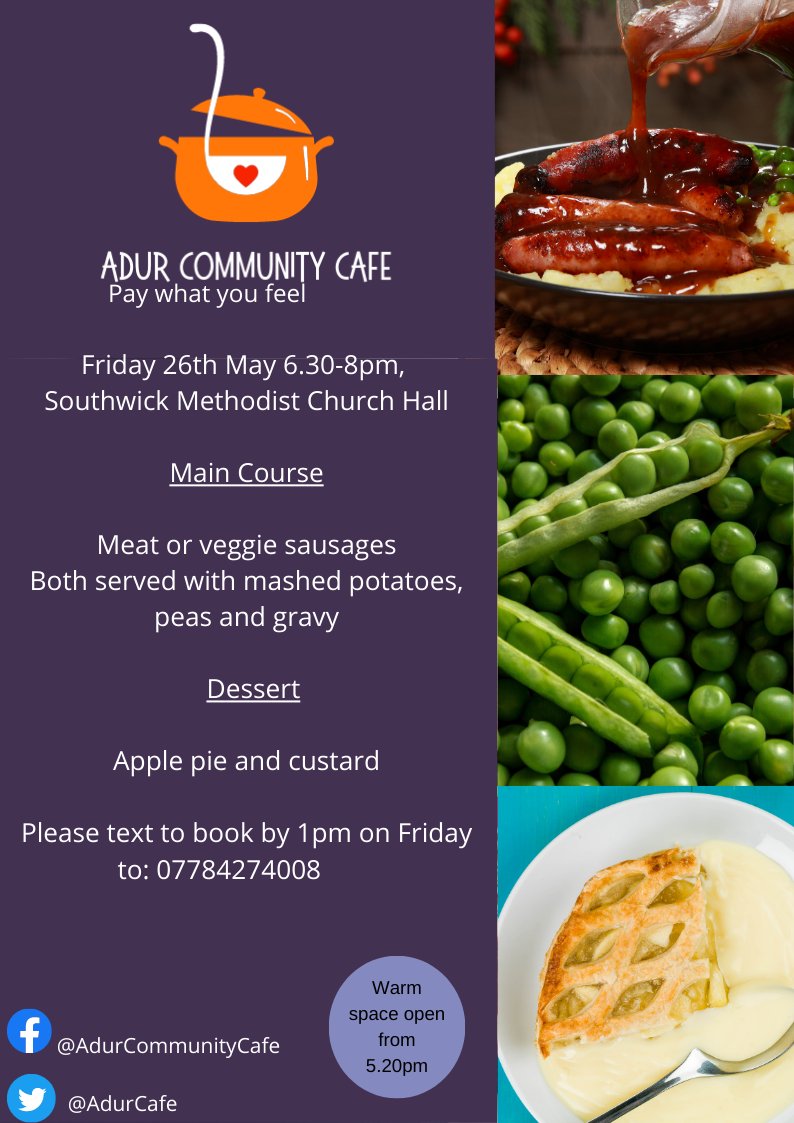 Adur Community Cafe is open this Friday with another tasty meal.

#community#
#cafe#
#freefood#