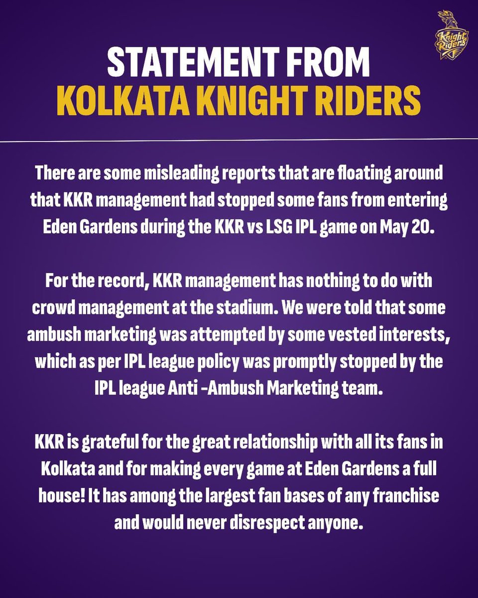 KKR have rebutted reports of fans wearing @atkmohunbaganfc jersey being denied entry into Eden Gardens on May 20 for showing support to the rival team. #KKRvLSG #IPL2023 

Via: @KKRiders