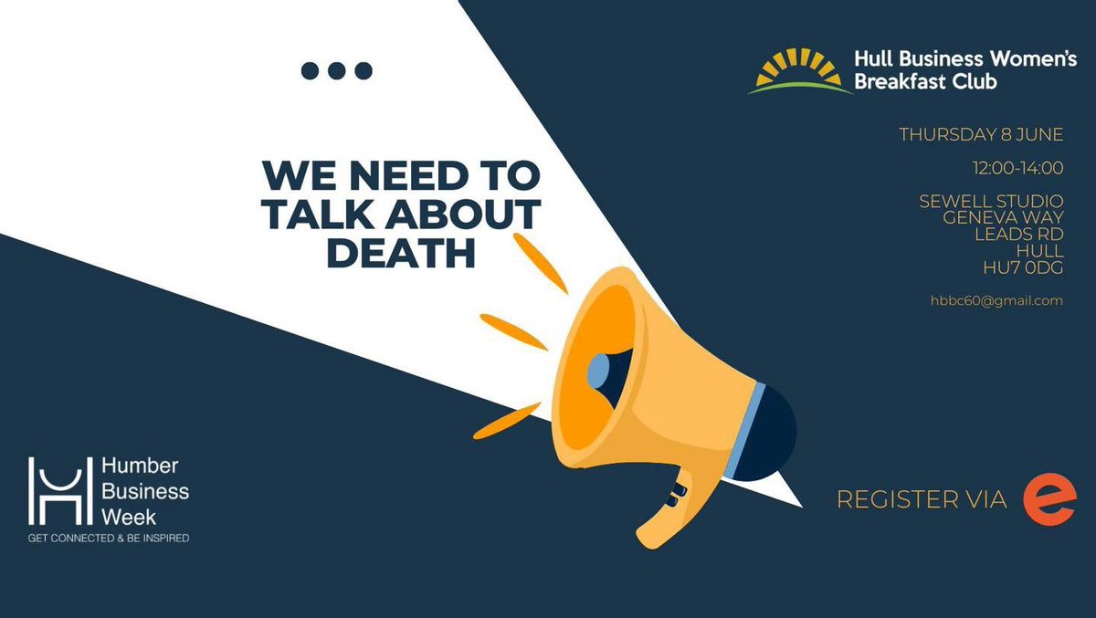 HBBC60's tweet photo. We Need To Talk About Death!

@BizWeekHumber 

- Pam Medhurst (Celebrant) and Kay Locker (HR)
@Rollits - Lucy Trynka
Bloom Training - Jo Kent
@Dove_House - Rebecca Bramble
Funeral Director - Suzanne Pack

8 June, Sewell Studio 12-2pm.

https://t.co/cHVnaWyhbc https://t.co/fr5j68VCf2