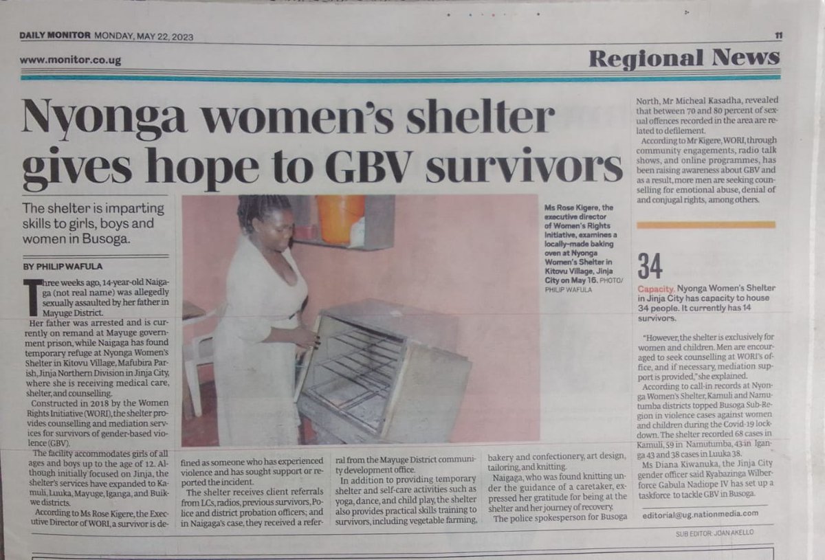 Exciting news! We're featured in the <a href="/DailyMonitor/">Daily Monitor</a> for empowering GBV survivors in the Busoga region through rehabilitation. Together, we're making a difference. 💙 #CommunityImpact 
<a href="/unwomenuganda/">UN Women Uganda</a> <a href="/OpenSociety/">Open Society Foundations</a>
<a href="/WipeUganda/">Women Initiatives in Poverty Eradication (WipeUg)</a> <a href="/awdf01/">African Women's Development Fund</a>
<a href="/mukasa_sarah/">Sarah Mukasa</a>  <a href="/yah_uganda/">Young Women's Alliance for Human Rights-YAH</a> <a href="/ConcernsUganda/">Community Concerns Uganda Initiative (CCUg)</a>