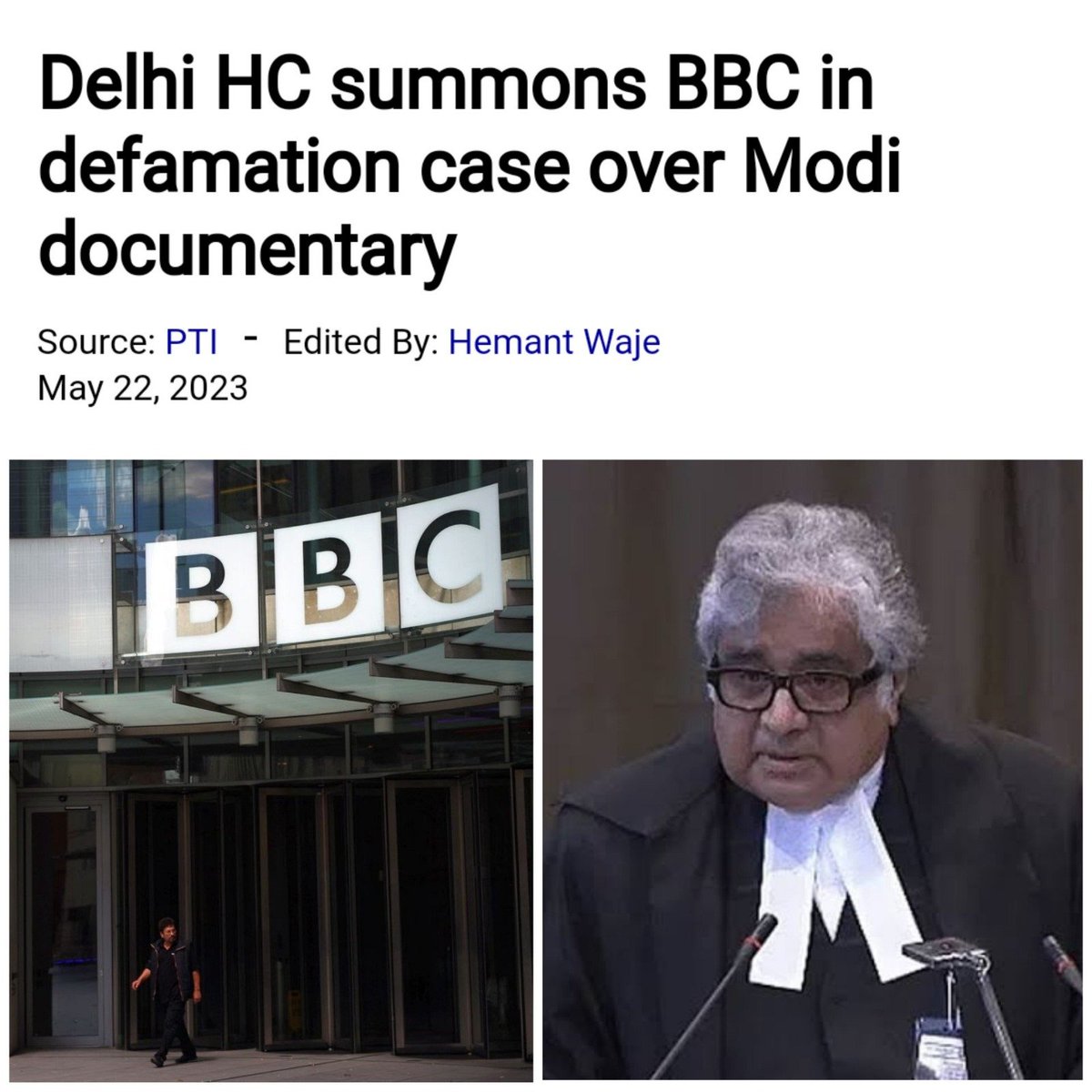 @Sudhir_mish हेल्लो Zubair @zoo_bear !! Aaj ki taja khabar. #BIG #BreakingNews : #BBC sued for ₹10,000/- Cr. for Harming the #PMModi's reputation & goodwill. Note: I have already made one tweet for you only