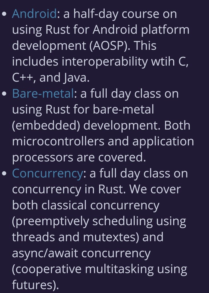🦀 Three day Rust course developed by the Android team

👉 Covers the full spectrum of Rust, from basic syntax to advanced topics like generics &amp; error handling

👉 Includes Android-specific content 

google.github.io/comprehensive-…

github.com/google/compreh…

#rustlang #rust #programming