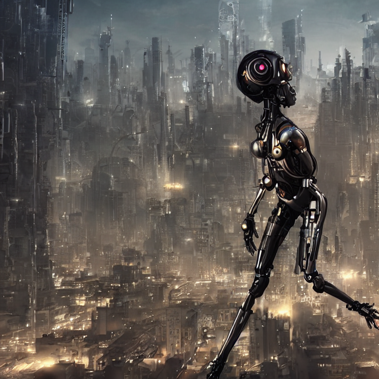CREAIT_OFFICIAL's tweet photo. A cyborg woman with a mechanical eye standing in a post-apocalyptic cityscape, high detailed renders, octane render, artstation, concept art, hyper realistic #aiart #aigeneratedart https://t.co/qMin8GaJGj