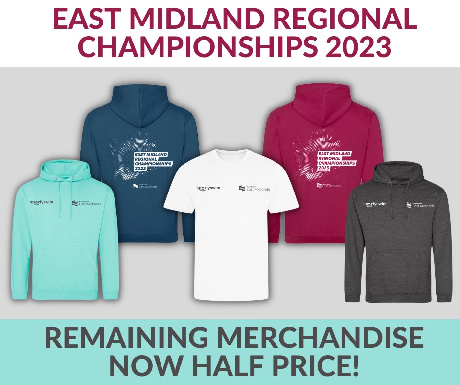 All <a href="/SwimEastMidland/">Swim England East Midlands</a> Championships merchandise is now reduced to half price on our website! Limited sizes remain. Hoodies now £20, T-shirts £10! ow.ly/Spjx50Ot8bN