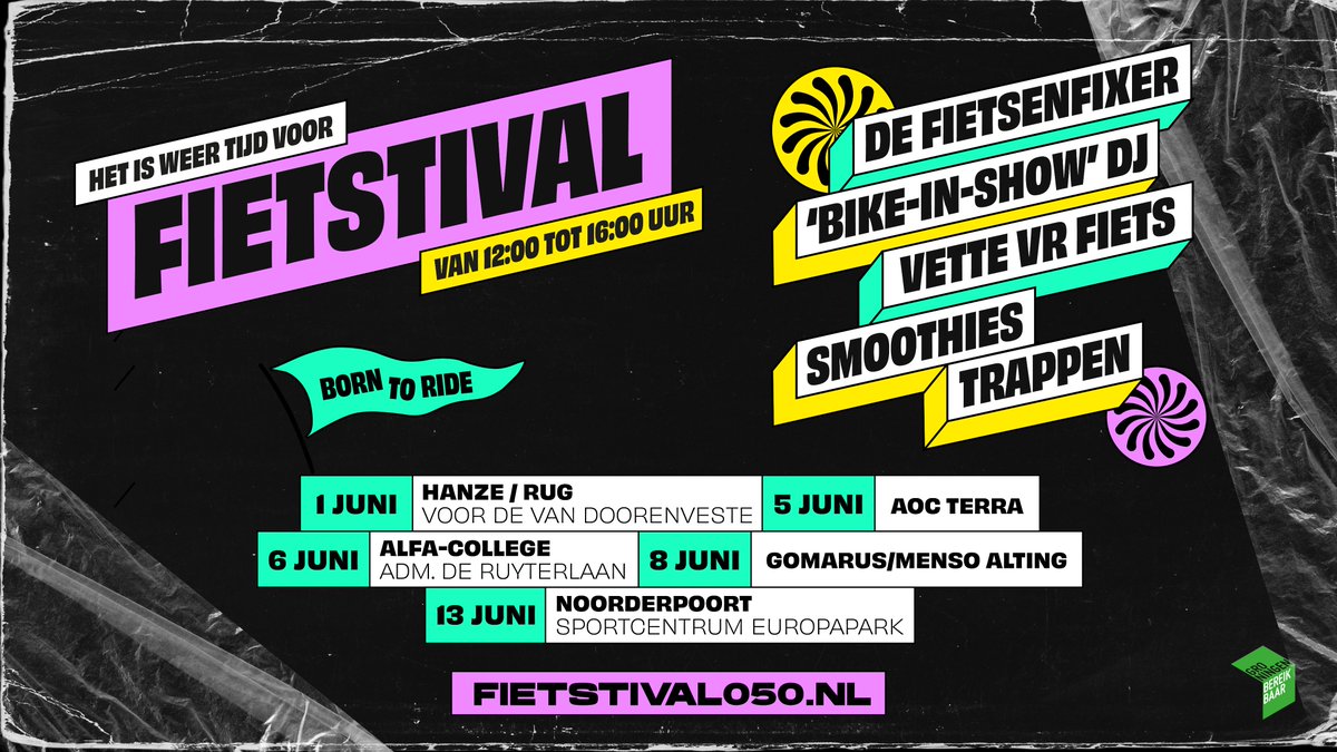 Kom op donderdag 1 juni op de fiets naar #ZernikeCampus en beleef tussen 12.00 en 16.00 uur het Fietstival! Op de deuntjes van de dj laat je gratis je fiets fixen, trap je een smoothie in elkaar of doe je mee aan de VR-fietsexperience: campus.groningen.nl/nl/nieuws/welk…