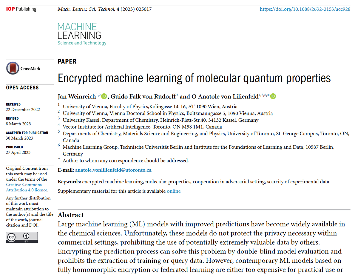 'Encrypted #machinelearning of molecular #quantum properties' by @ProfvLilienfeld @WeinreichJan @ferchault @univienna @uni_kassel @VectorInst @uoftmse @chemuoft @uoftphysics @TUBerlin @bifoldberlin hits 500 downloads! bit.ly/40NKhGz #compchem #molecules #AI #QML