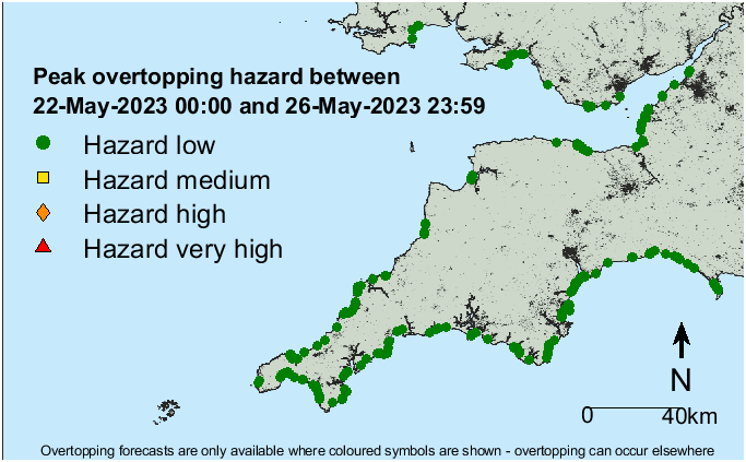 No coastal overtopping is forecasted in southwest England in the next five days. To sign up for more detailed coastal hazard forecasts, please visit channelcoast.org/ccoresources/s…