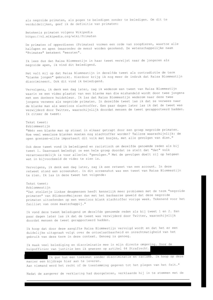 Genoeg is genoeg. <a href="/rblommestijn/">Raisa Blommestijn</a> haar status is nu veranderd in verdachte van een misdrijf.

Re-tweeten is fijn.

#aangifte #stopracisme #genoegisgenoeg