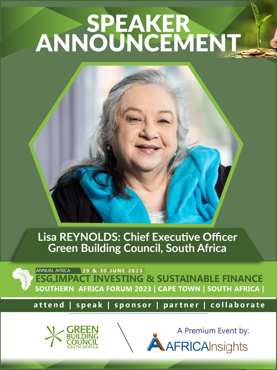 Lisa Reynolds, CEO <a href="/GBCSA/">GBCSA</a> will be speaking at the 4th Annual Africa ESG, Impact Investing &amp; Sustainable Finance Summit 2023-Southern Africa  on the 29 &amp; 30 June 2023 in Cape Town.  To register:esg-impact.africa/registration-2/ esg@esg-impact.africa
#esg #impactinvesting #sustainablefinance