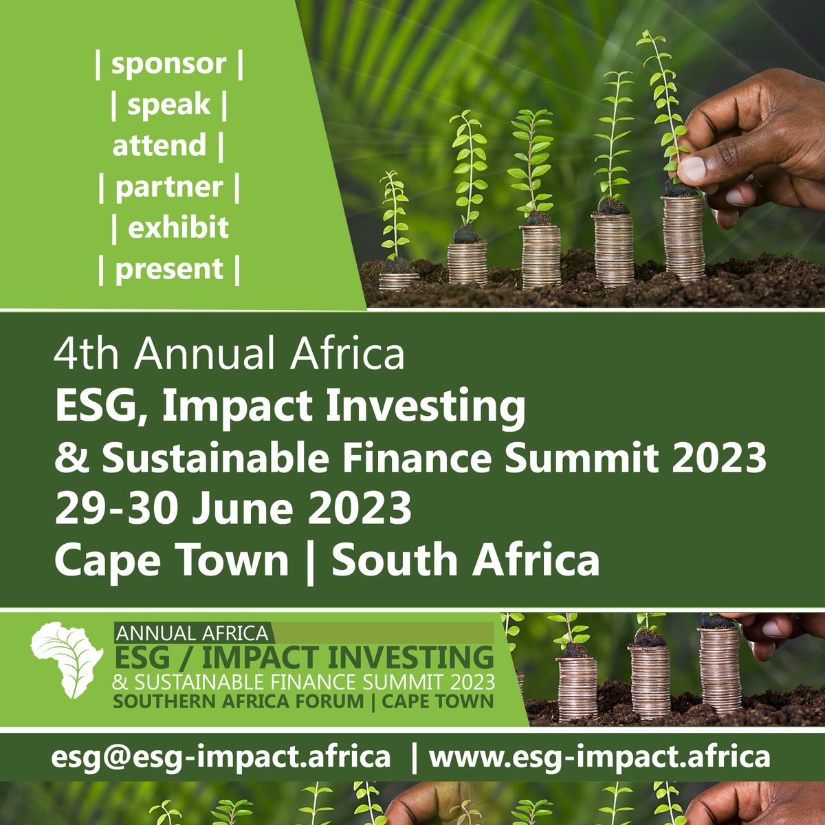 Register to attend the 4th Annual Africa ESG, Impact Investing &amp; Sustainable Finance Summit 2023-Southern Africa Forum to be hosted on the 29 &amp; 30 June 2023 in Cape Town.  To register:esg-impact.africa/registration-2/ esg@esg-impact.africa
#esg #impactinvesting #sustainablefinance