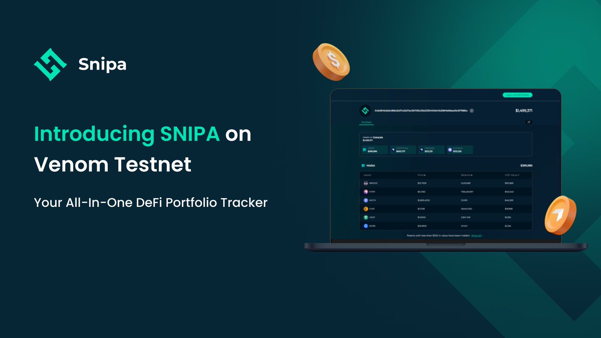 New to #Venomtestnet, <a href="/SnipaFinance/">Snipa</a> A comprehensive DeFi portfolio tracker aggregating data from individual platforms into one unified interface.

Connect your Venom Wallet and experience personalized asset tracking.

Explore SNIPA today: venom.network