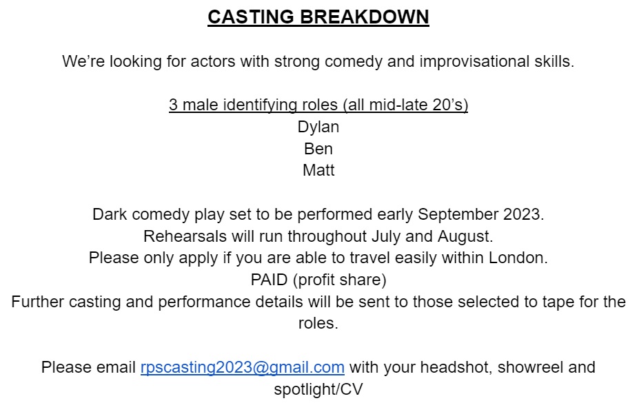 Emma Lo (@emmalittlelo) on Twitter photo #CastingCall
Seeking actors with strong comedy and improvisational skills!
3 male identifying roles (all mid-late 20's)
To apply: email rpscasting2023@gmail.com with your headshot, showreel and spotlight/CV
#OpenCasting #Audition #Share #RT #CastingCall
Seeking actors with strong comedy and improvisational skills!
3 male identifying roles (all mid-late 20's)
To apply: email rpscasting2023@gmail.com with your headshot, showreel and spotlight/CV
#OpenCasting #Audition #Share #RT