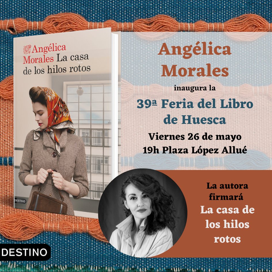 Este año tengo el honor de inaugurar la 39 edición de la Feria del Libro de Huesca, de destapar sus tesoros. Después firmaré ejemplares de "La casa de los hilos rotos" <a href="/EdDestino/">Ediciones Destino</a>  <a href="/Planetadelibros/">PlanetadeLibros</a> 
Qué alegrías me está dando Otika.
Comparto el precioso cartel de <a href="/EdDestino/">Ediciones Destino</a>