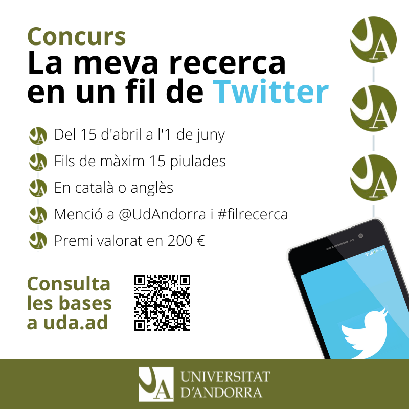 UdAndorra's tweet photo. 🔬 Estàs fent #recerca a #Andorra i vols visibilitzar-la? T'animem a participar al concurs 𝗟𝗮 𝗺𝗲𝘃𝗮 𝗿𝗲𝗰𝗲𝗿𝗰𝗮 𝗲𝗻 𝘂𝗻 𝗳𝗶𝗹 𝗱𝗲 𝗧𝘄𝗶𝘁𝘁𝗲𝗿
🗓️ Tens temps fins a l'1 de juny!
#filrecerca #recercaUdA
@barbarausen @jforto @jsaubat https://t.co/eI7RTdC25Q