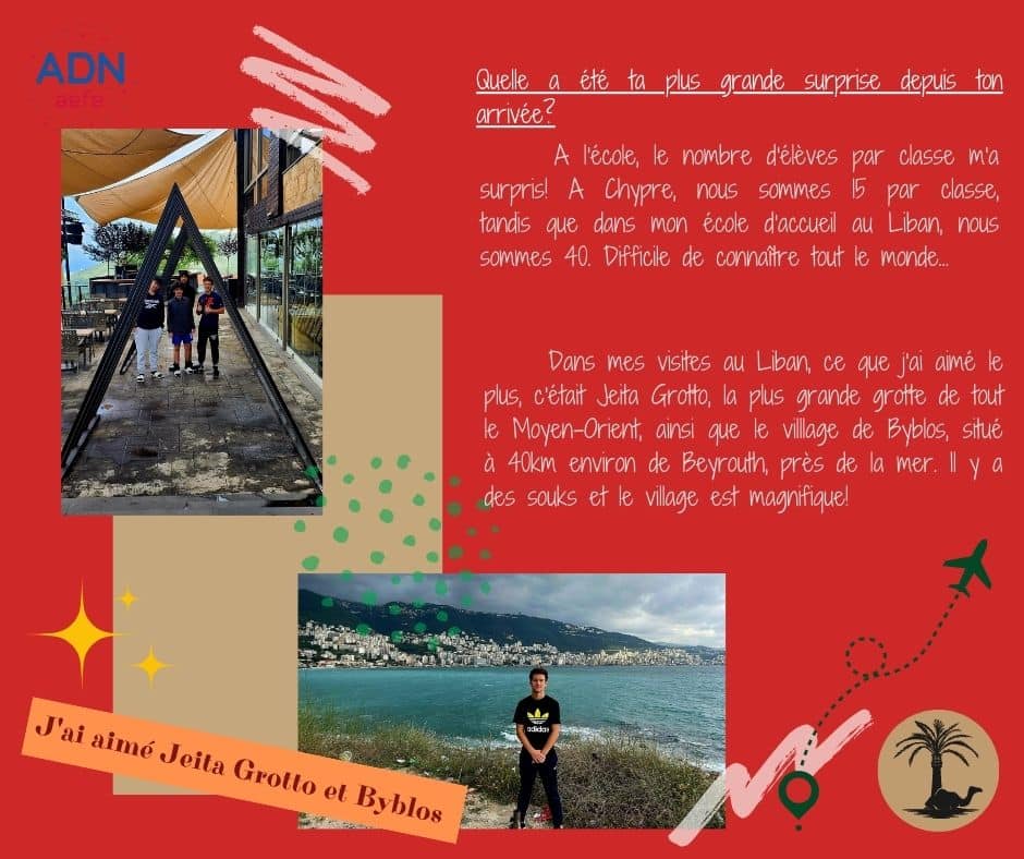 EFCNicosie's tweet photo. #ADNaefe 🇨🇾🇱🇧 Alexandre vit son aventure #ADN à Ain Saadée au 🇱🇧, où il est accueilli par son binôme Charbel et sa famille. Alexandre a intégré le Collège des Frères Mont La Salle où il entame déjà sa 3ème semaine dans la classe de 2° de Charbel. 
#AEFE #AGORAMonde https://t.co/FaFl8yYdCO