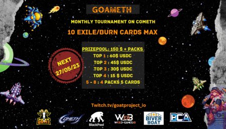 Hello space friends! 🚀

Quick reminder about our 2nd Goameth Community tour!

Start : Saturday 05/27, 1pm UTC
New rules will be applied

To register 👉 : communitygaming.io/tournament/goa…

The tournament will be casted on our twitch channel : twitch.tv/goatproject_io

LFGOAT 🐐