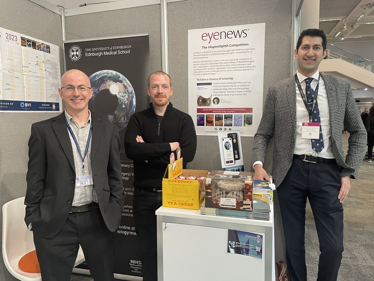 Top Team. Big thanks from <a href="/EyeNewsMag/">Eye News</a> to Sohaib for popping by and for the cake! Remember there is still time to take part in the #Aspireophth Competition to win the MCQq’s For FRCOphth Part 1 book from @OphthoReg .