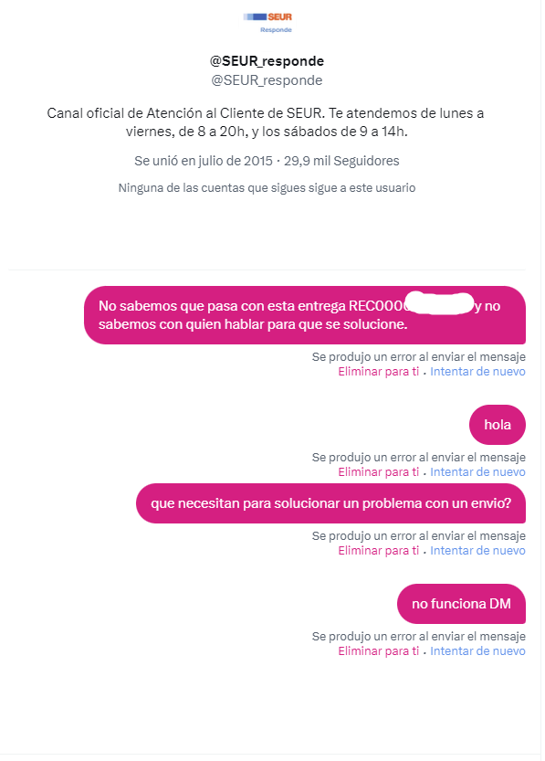 sceglobal's tweet photo. Hay algún canal de comunicación de @SEUR @SEUR_responde que funcione? el tfo no, la web tampoco. No funciona ni twitter . Aquí dejo la prueba! https://t.co/pkMO1fvlJg