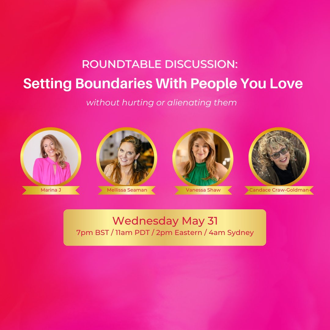 I’ve learned a lot about boundaries and how to maintain them when nobody likes them but you.

I am holding a Roundtable on Setting Boundaries with People you Love and we begin this week!  You can join us here marinaj.net/the-boundaries…