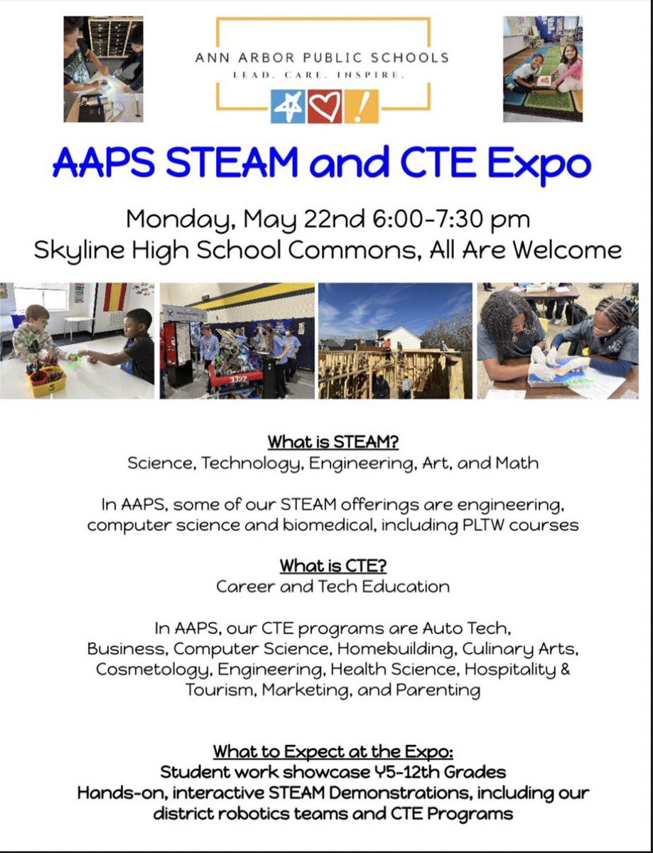 TeachSchemanske's tweet photo. Please join us TONIGHT for the @A2schools CTE and STEAM Expo on Monday, May 22nd from 6:00-7:30 in the Skyline Commons. It’s a great way to learn more about all the incredible programs offered throughout Ann Arbor Public Schools. @TPachera https://t.co/MrmlubpT0Z