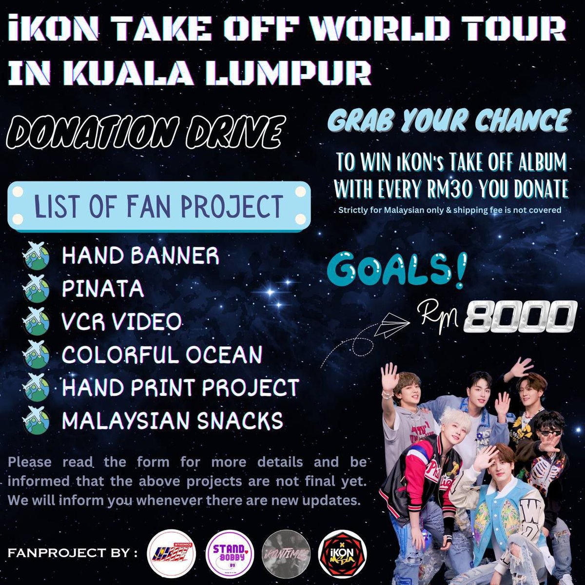 MYiKONICS's tweet image. #iKON WORLD TOUR #TAKEOFF: KL🇲🇾

We’re thrilled to announce our Fan Project Donation Drive! We need your support to make it happen!

🔗 bit.ly/42LyN8k

Stand a chance to win Take Off album with every RM30 donation. The more you donate, the higher your chances of winning!