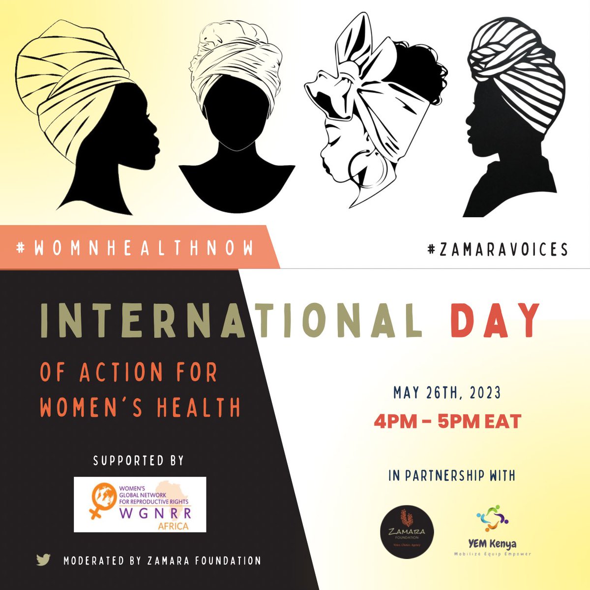 📣#WomnHealthNow📣

Join us this Friday, May 26th from 4-5pm EAT, for an informative and timely Twitter conversation ahead of the International Day of Action for Women's Health as we discuss, share experiences, and explore ways to ensure inclusive and equitable healthcare for ALL