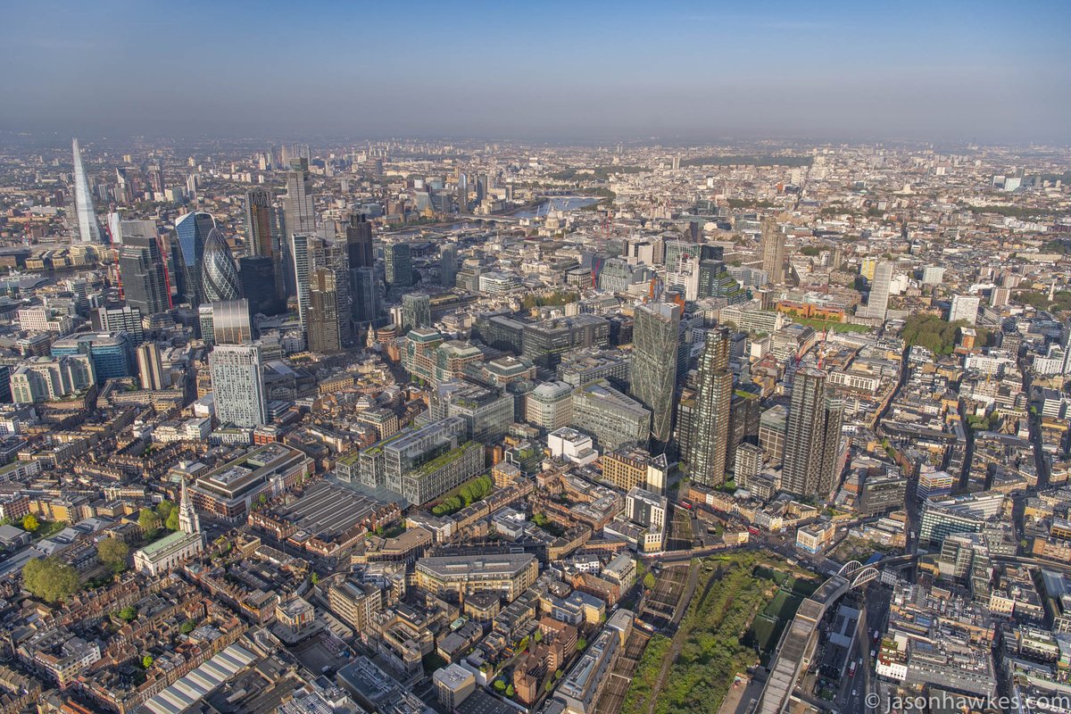 View out across #Shoreditch, #Spitalfields
#LiverpoolStreet, #CityofLondon, #London. #aerialphotography  
stock.jasonhawkes.com