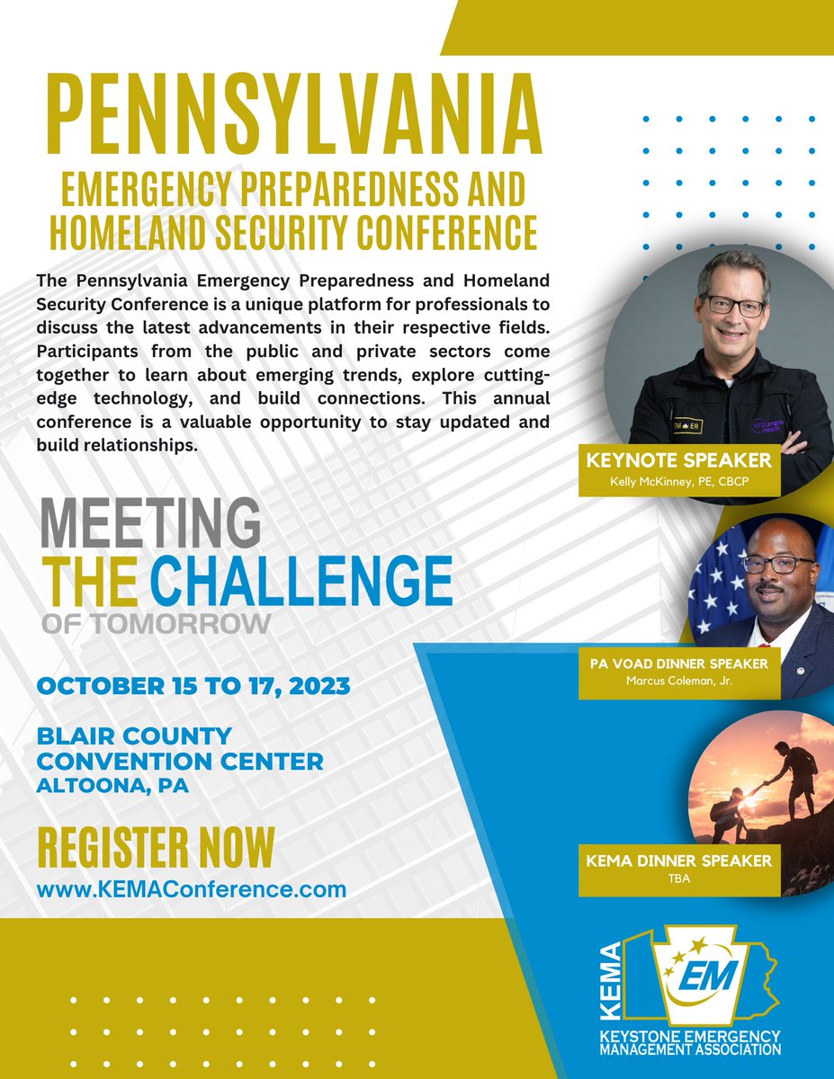 KEMAConference's tweet image. 🚨 Registration is OPEN for the 6th Annual PA Emergency Preparedness &amp;amp; Homeland Security Conference (#KEMACon2023) 
📅 Oct 15-17, 2023 📍 Blair County Convention Center. 
Earlybird discount until June 15! 
KEMAConference.com