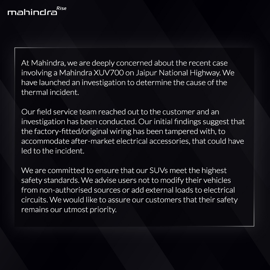 Mahindra_Auto's tweet photo. Our customers' safety is always our top most priority. Here is our official statement with reference to an incident on Jaipur National Highway involving the XUV700. https://t.co/hOHEQWhVyC