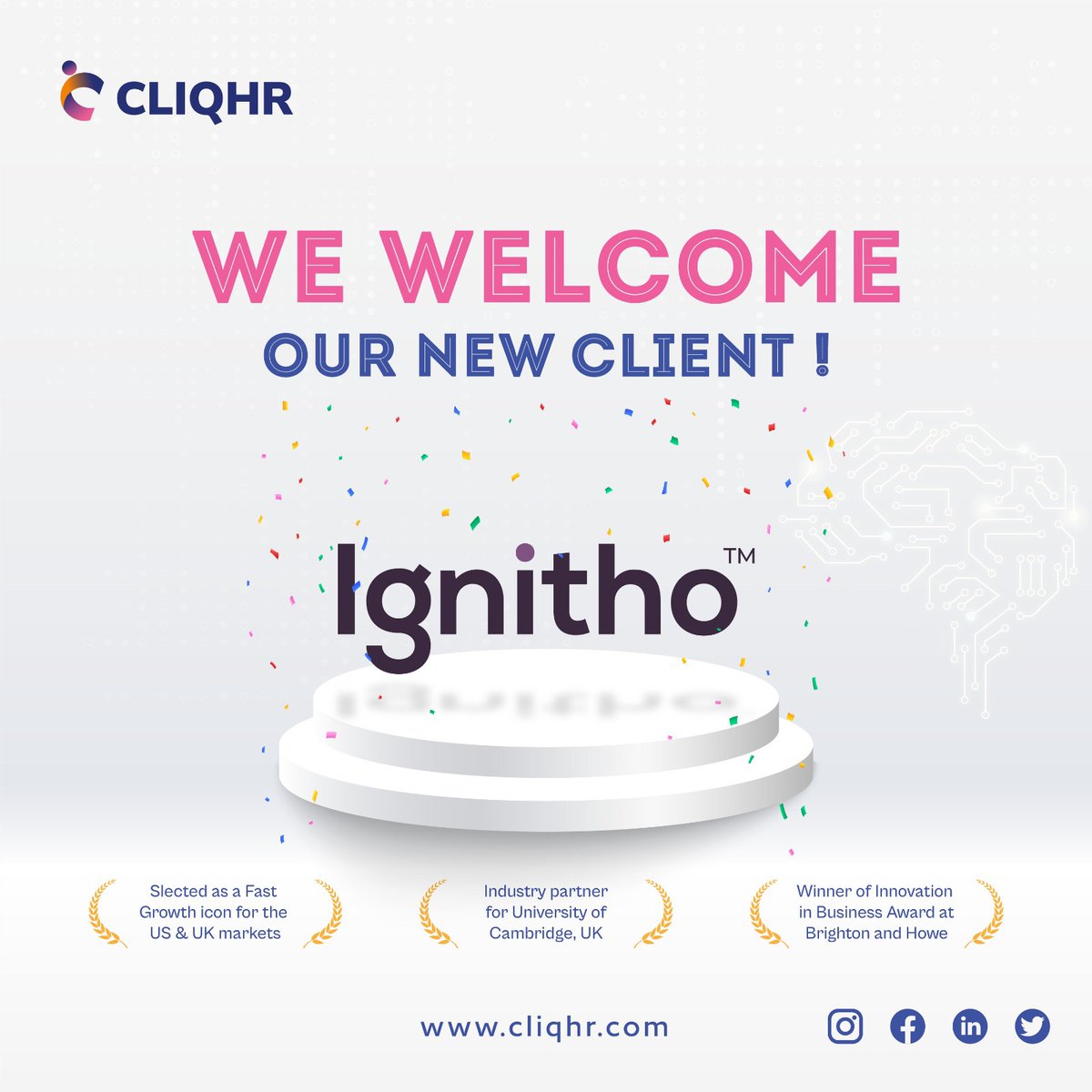 We welcome our new client Ignitho Technologies.

Thank you for choosing us as your recruitment partner, looking forward to a long and successful collaboration.

#recruitmentpartner #collaboration #hrconsultant #recruitmentagency #recruitmentservices #recruitmentsolutions #cliqhr