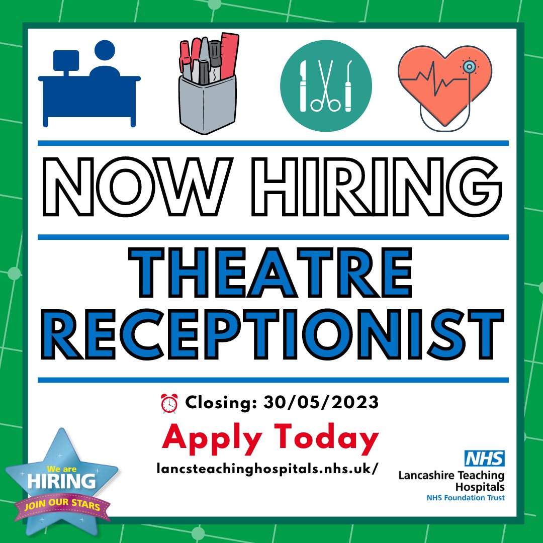 Job Vacancy: Theatre Receptionist <a href="/LancsHospitals/">Chorley & Royal Preston</a>

⏰Closes: 30/05/2023

Read more and apply: shorturl.at/otHQ1
#Theatres #Theatre #Receptionist #Lancashire #lancashireJobs #NHS #NHSjobs <a href="/JCPinLancashire/">JCP in Lancashire</a> <a href="/TLthtr/">Theatres_LTHTR</a>