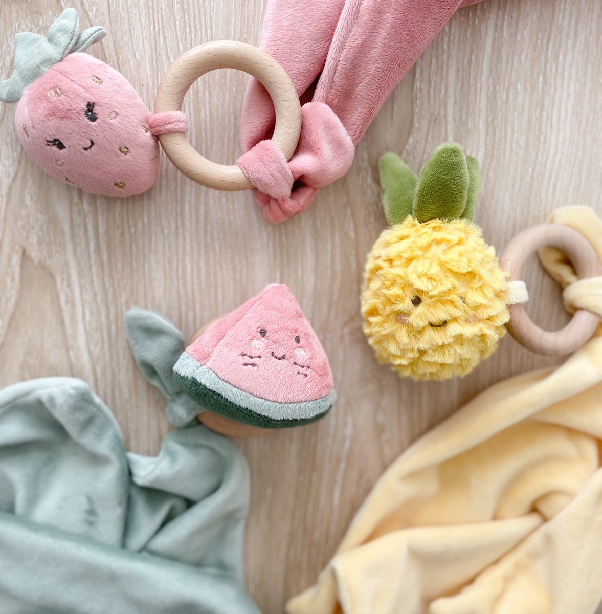 Summer fruits teethers, fun and function all in one! 🍓🍉🍍 #lovemonami #securityblanket #teethers #tuttifrutti