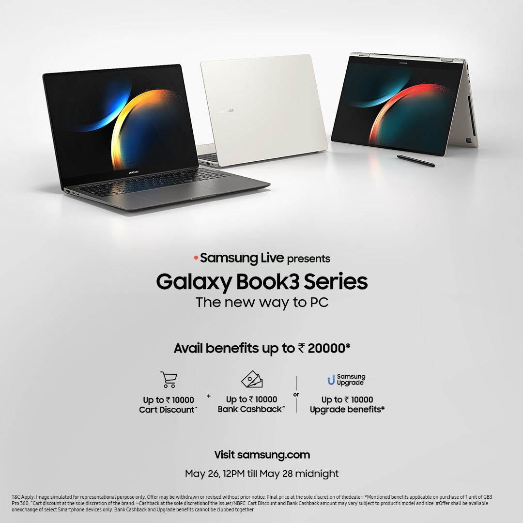SamsungIndia's tweet photo. Peak computing performance in a slim design to maximize your productivity and creativity. Tune in to #SamsungLive on May 26 at 12 PM to avail exclusive offers on the #GalaxyBook3Series. To get notified, visit: https://t.co/Tg6b4pHwPO. #NewWayToPC https://t.co/ucJ7Z8qo83
