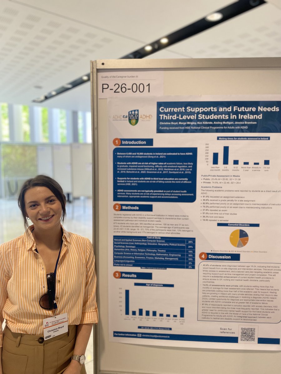 Christine__Boyd's tweet photo. Tired eyes after a brilliant few days at the #WCADHD2023 in Amsterdam! I was delighted to have been chosen as "poster of the session" for my section🏆 It was great to talk about third-level ADHD supports and to make new connections! @adhdireland @UCDPsychology @NCP_AdultADHD https://t.co/mEMZl0msaa