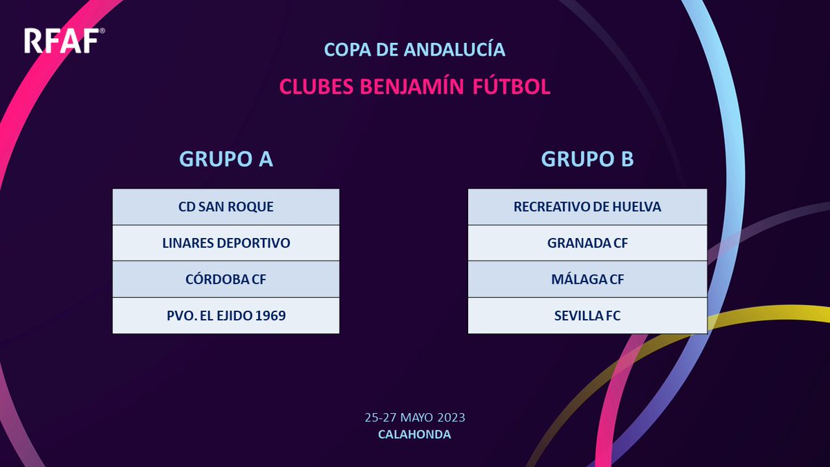 RFAF's tweet photo. 🏆 Copa de Andalucía
🔠 Así están encuadrados los clubes que disputarán la #CopaAndalucía en categoría Benjamín
🗓️25-27 de mayo
📍#Calahonda
@cd_roque @CordobaCF_ofi @Linares_Dptvo @Poli_ElEjido @GranadaCF @MalagaCF @recreoficial @SevillaFC
#SorteoRFAF #FútbolRFAF https://t.co/aDkdnc5nrG