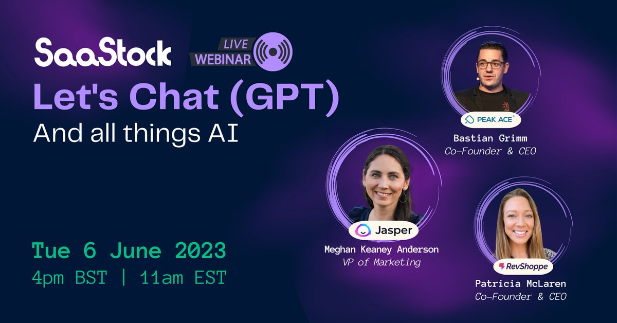 peakaceag's tweet photo. Want to dig into the AI-powered software revolution and the future of ChatGPT? Don't miss @basgr, Patricia McLaren and @meghkeaney on @SaaStock's Let's Chat GPT expert panel webinar. Join in on 06.06 at 4pm BST by booking your spot on the SaaStock website: https://t.co/H1gHURX64v https://t.co/HpHSsmLPRW