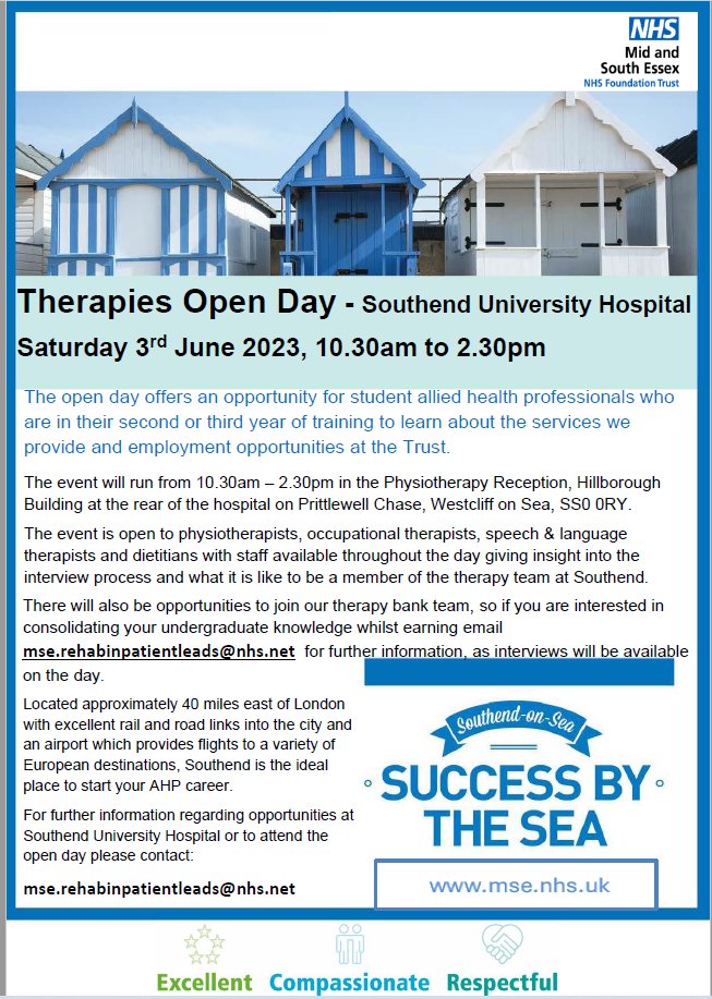 JoinMSEHospital's tweet photo. Are you an AHP student in your 2nd or 3rd year?

We’ve got a great opportunity for you to gain insight of working in therapy and also get to join our bank team.

Come visit us at Southend Hospital on 3rd June 2023 to meet our Therapy team. https://t.co/RD0uqHeYyR