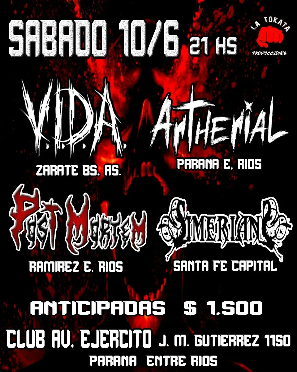 marrox582's tweet photo. #MetalExtremo en Paraná 🤘🏽💥
Sábado 10/6
V.I.D.A.
#Artherial
#PostMortem
#Simerians
Esto explota 💣💥 https://t.co/gN7z3QCARt