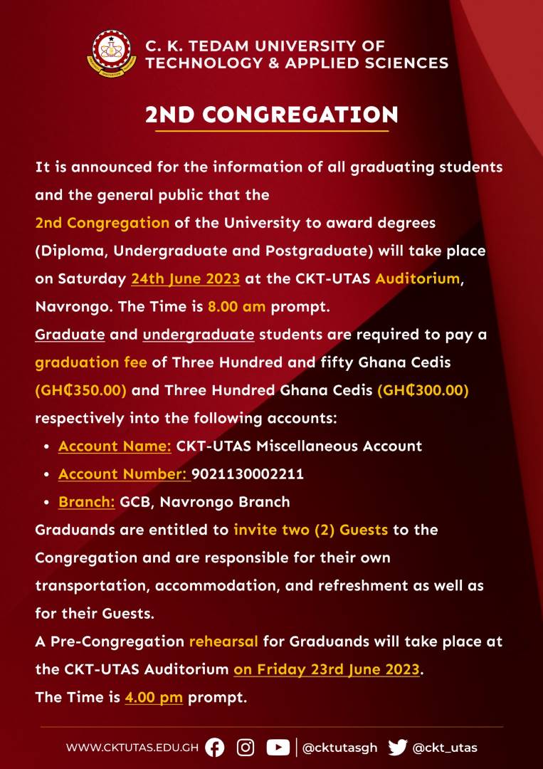 usph_utas's tweet photo. FYI.

🔔 2nd Congregation Notice
📅 24th June 2023
⌚ 8:00 AM
🗺️ CKT-UTAS Auditorium
💳 Graduation Fee: Graduate (GHC 350), Undergraduate (GHC 300)
🎓 Rehearsal: Friday 23rd June 2023. 
@ 4.00 PM https://t.co/K4MePi3CZQ