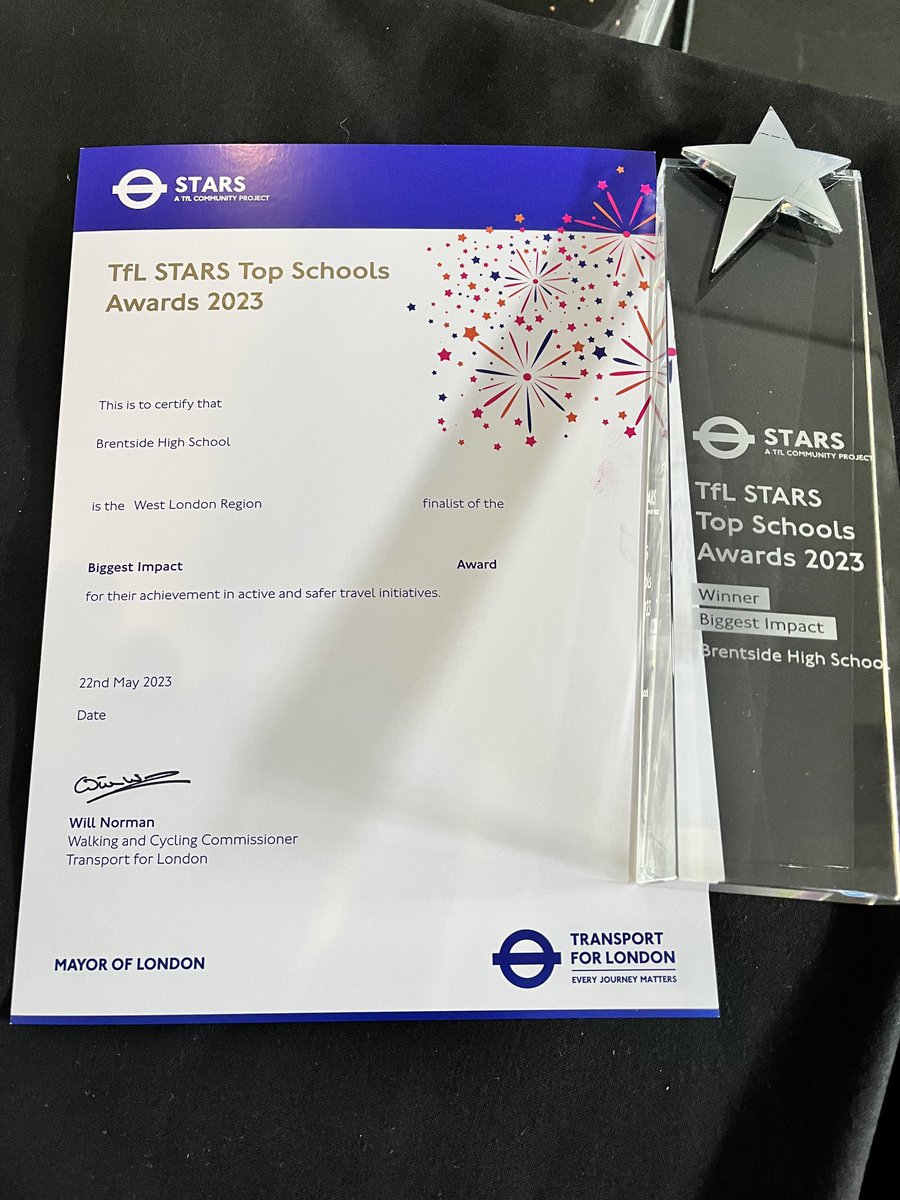 Huge congratulations to ⁦⁦@Brentside⁩ who have won the ⁦@TfL⁩ STARS #TopSchools award for #BiggestImpact 👏🎉👏🎉