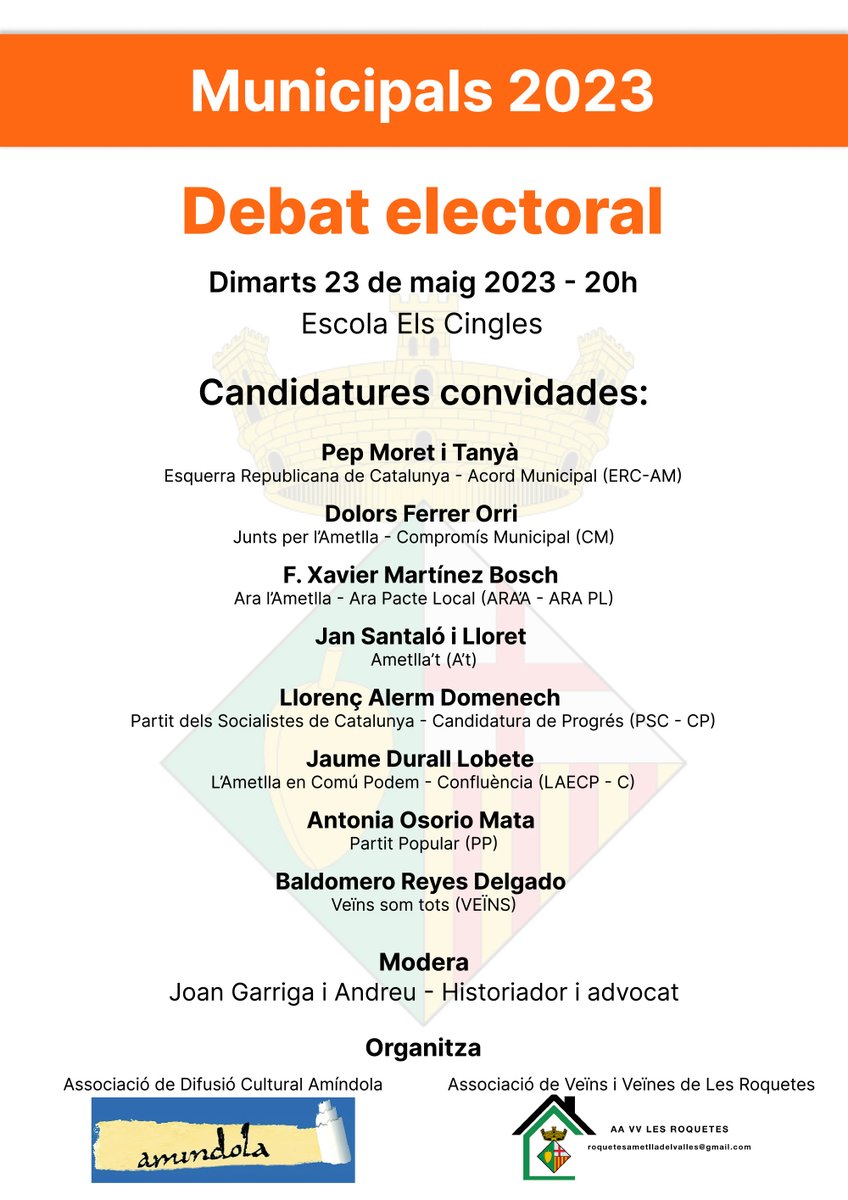 🗳️ Avui, l'Associació Cultural Amíndola i l'Associació de Veïns de les Roquetes organitzen el debat electoral.

📍Escola "Els Cingles" 
⌚️ 20 h
🎙 Moderat per l'historiador i advocat Joan Garriga.

Accés lliure, amb aforament limitat.

#lAmetlladelVallès #Eleccions28M #28M