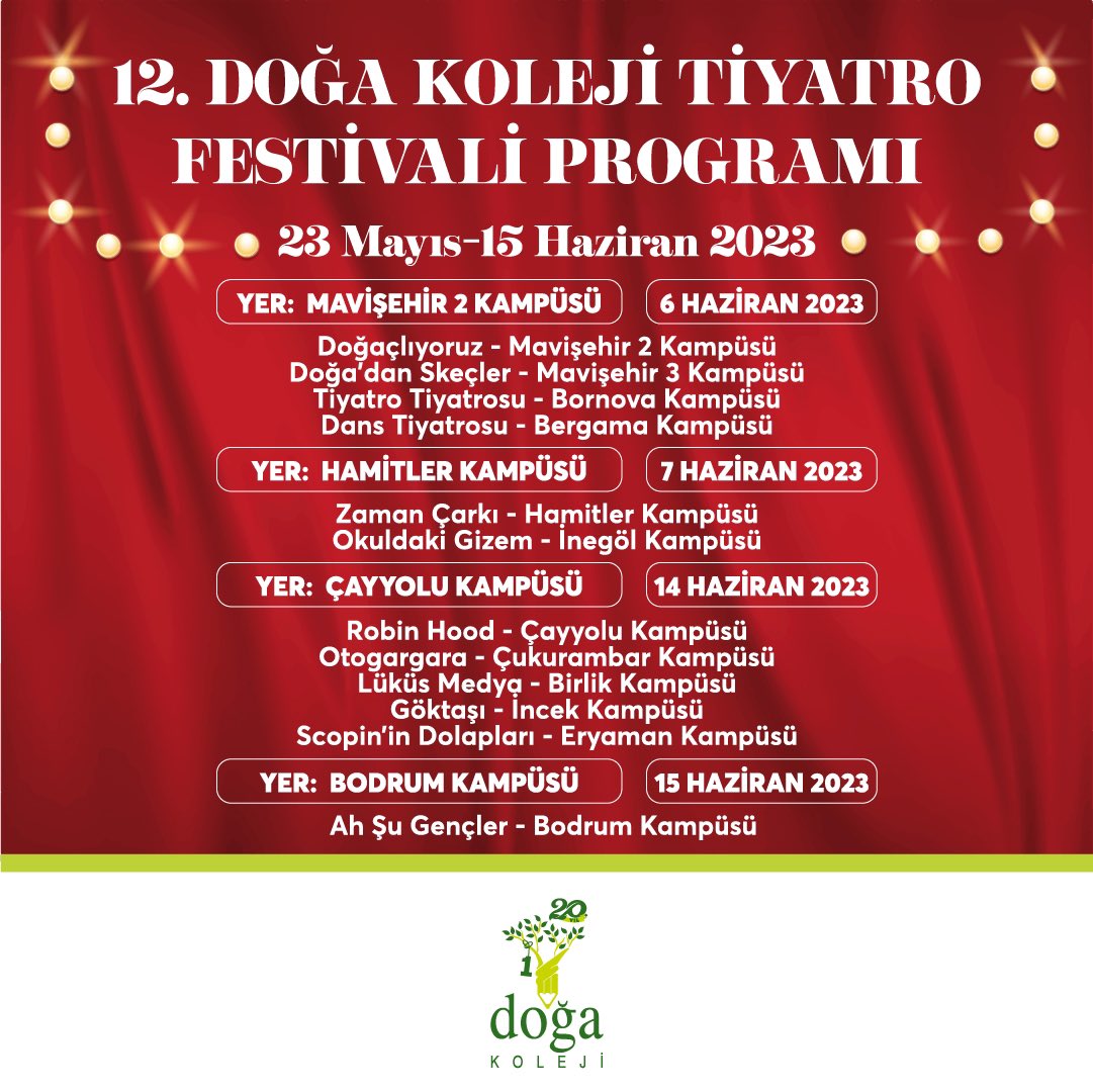 #SanatDoğamızdaVar 🎭
Drama Bölümümüzün düzenlediği 12. Doğa Koleji Tiyatro Festivali birçok kampüsümüzde ilkokul, ortaokul ve lise öğrencilerimizin katılımıyla gerçekleşecek.
