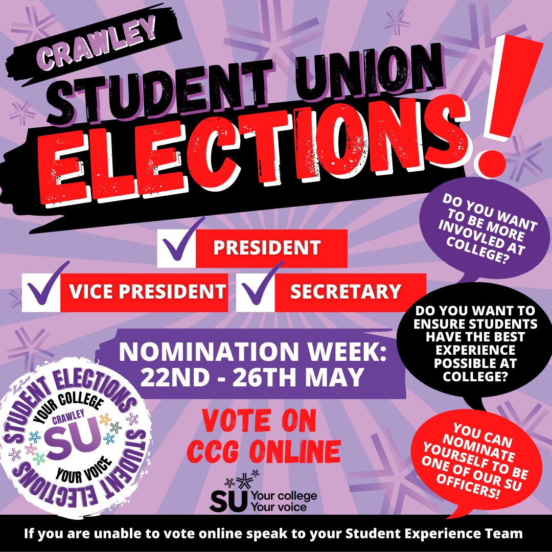 crawley_su's tweet photo. NOMINATIONS FOR OUR STUDENT ELECTIONS NOW OPEN!!! https://t.co/rFcZw03a87
