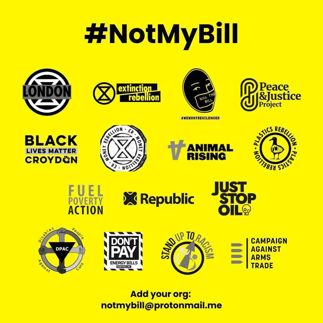 ✊ NOT MY BILL

⏰ Sat 27/05,
12pm 
📍 Parliament Square

The new powers in the Public Order Bill (now Public Order Act) are a direct attack on our right to protest.

 #NotMyBill

#WeWillNotBeSilenced

🪧 Join an XR London Actions group:
xrb.link/KL9yV7a1e

📢 Pls share