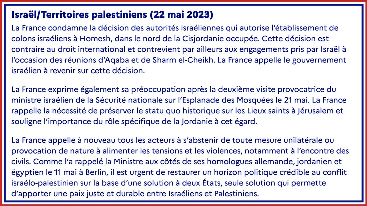 #Israël/#TerritoiresPalestiniens | Déclaration intégrale du 22 mai 2023 ➡️ fdip.fr/uHWrY9ML

@franceenisrael @FranceJerusalem