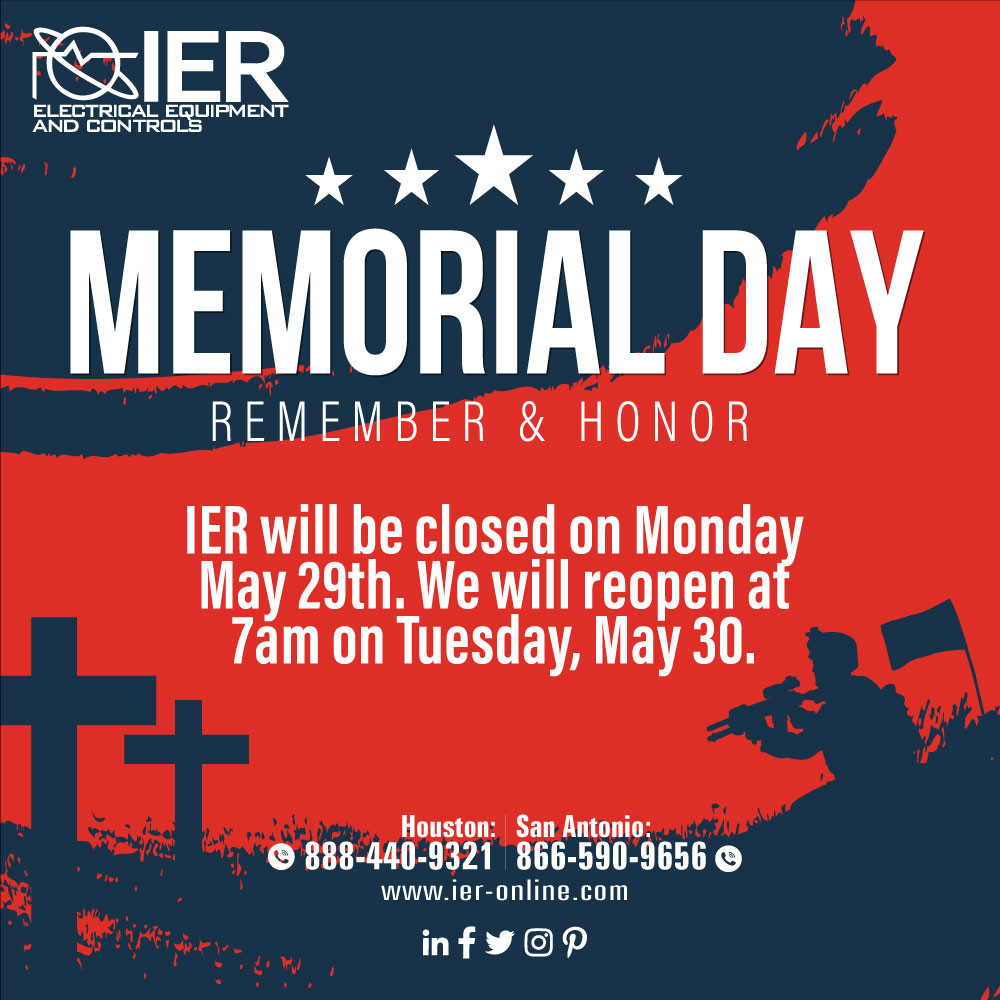 IERelectrical's tweet photo. IER will be closed on Monday, May 29, 2023 in observance of Memorial Day.  We will reopen at 7am on Tuesday, May 30, 2023.  #MemorialDay #MemorialDayWeekend #USA #Love #America

https://t.co/M3Xlb9vLPa https://t.co/IBAYAt7rzs