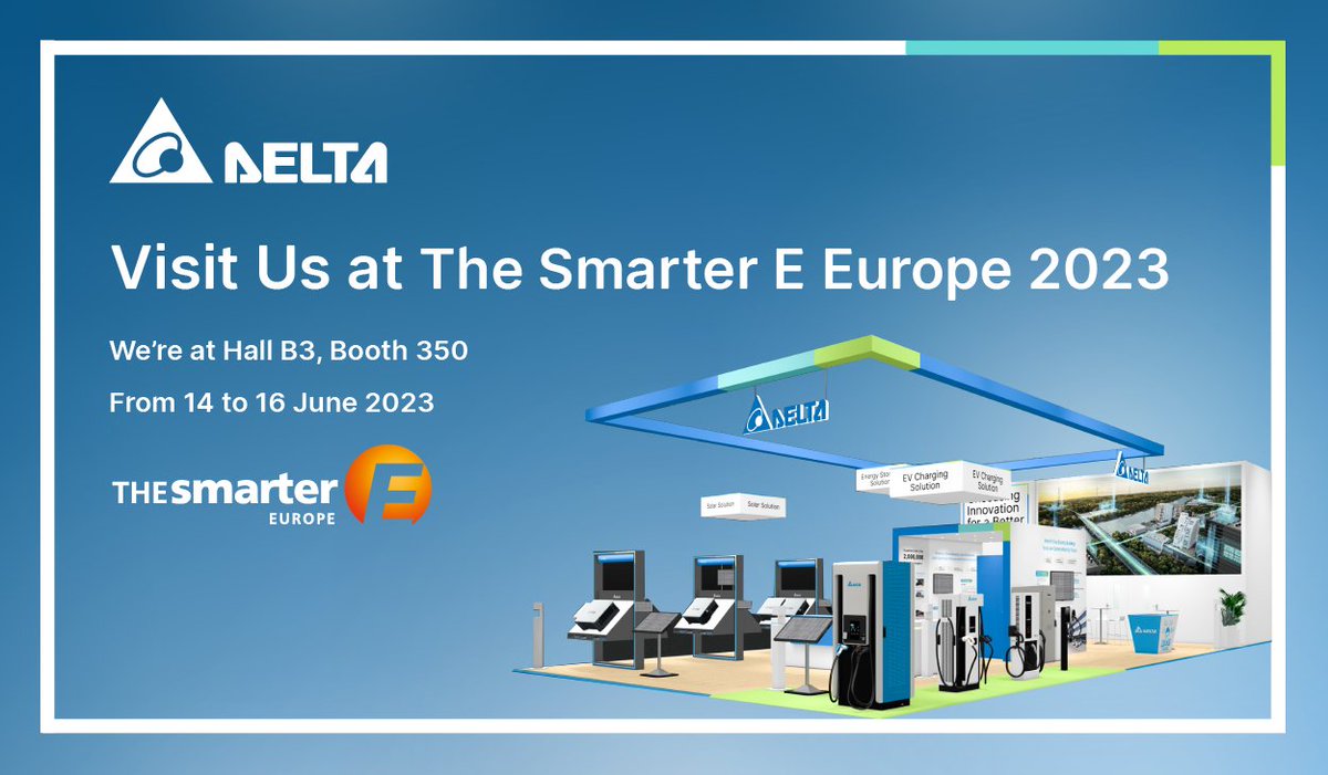 At #TheSmarterE Europe 2023 Delta will be demonstrating a complete range of #SmartEnergy solutions enabled by DeltaGrid® Energy Management System including: Solar Energy, Energy Storage and Electric Vehicle (EV) Charging Solutions. pulse.ly/c76n07lftt